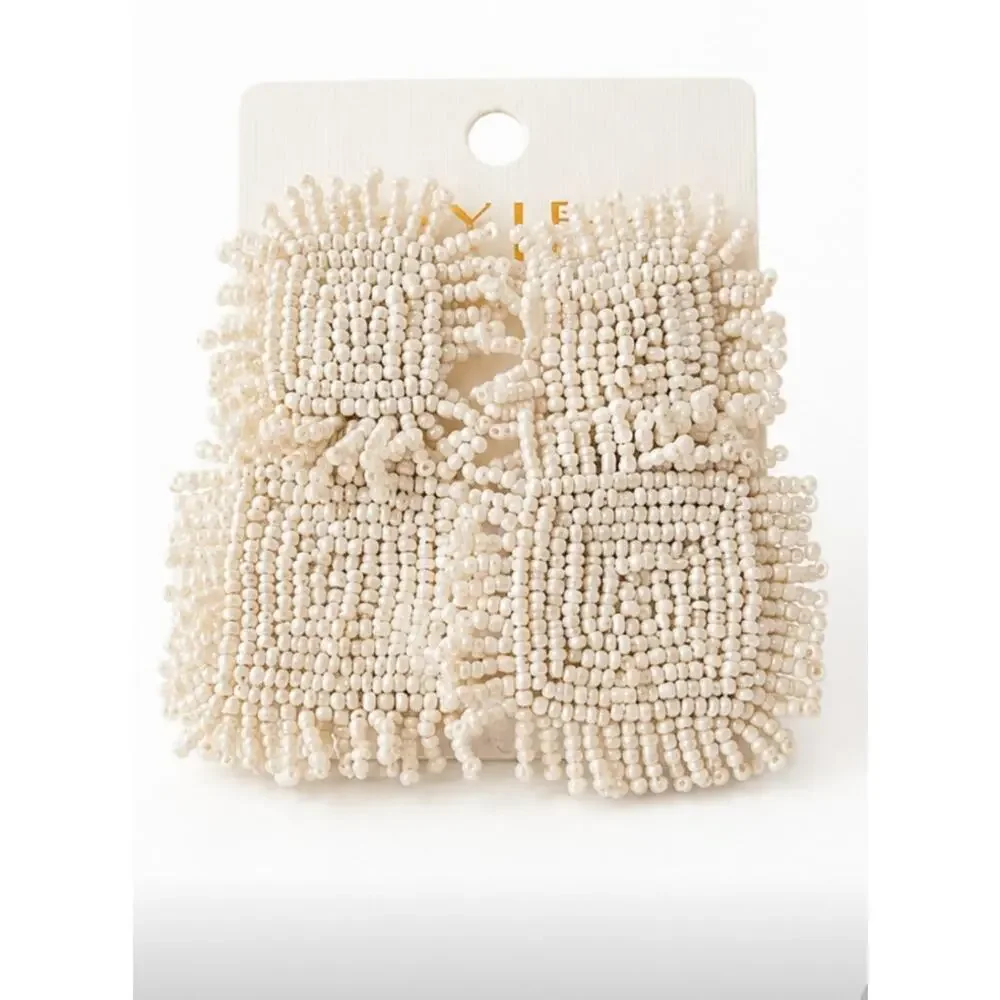 Kay Lee Off White Beaded Square Cut Earrings New